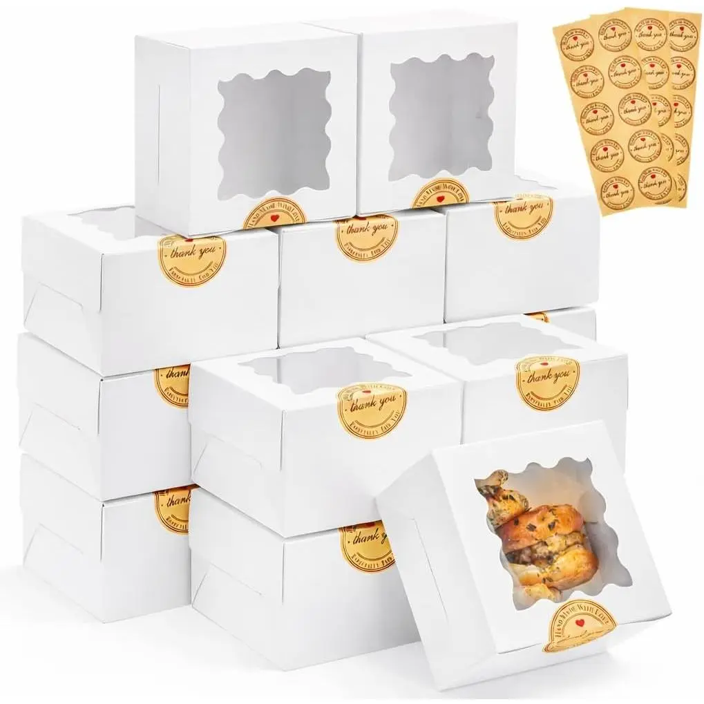 30 count Cookie Boxes with Window, 4"x4"x2.5" Small Bakery Boxes | Small Pastry Box with 30 Stickers, For Mini Cake, Macaroon,  Dessert, Candy, Donuts, Cookies, Strawberries
