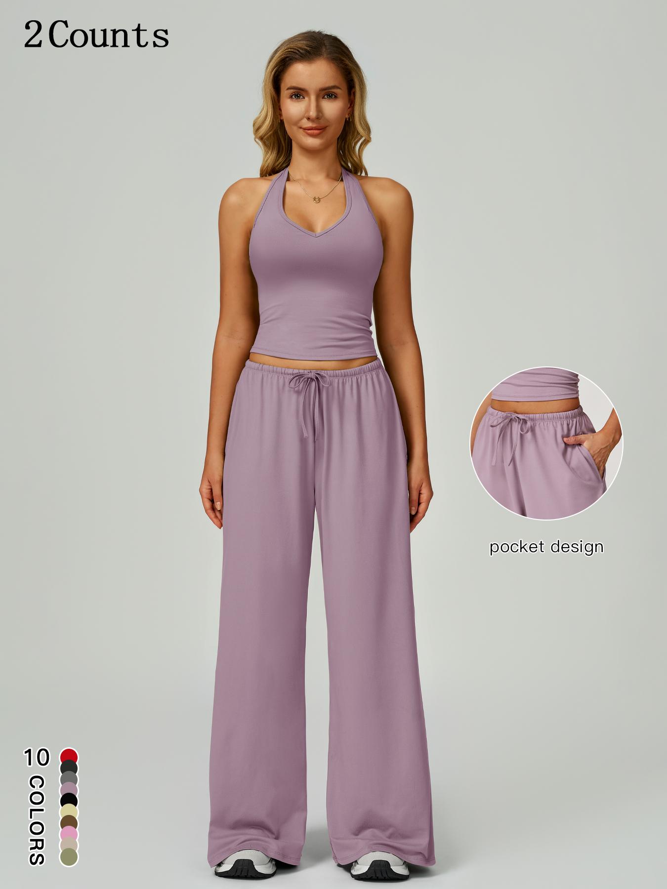 Women's Solid Crop Tank Top & Wide Leg Pants Set, Casual V Neck Sleeveless Top & Trousers for Daily Outdoor Wear, Ladies Sportswear for Summer Sports, Yoga and Airport Outfits, Gym Outfit