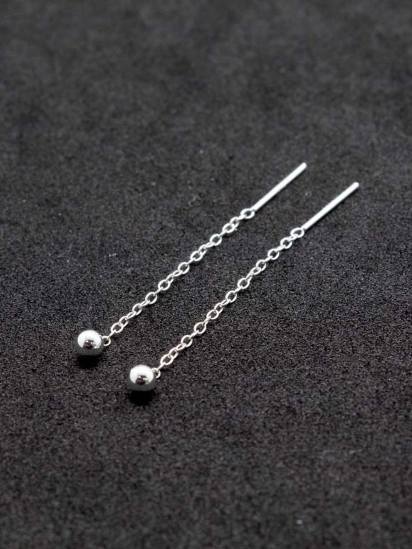 S999 Sterling Silver Round Bead Design Threader Earrings, Minimalist Line Earrings for Women, Trendy All-match & Exquisite Jewelry for Birthday Gift