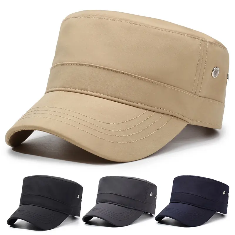 Mens Womens Khaki Flat Top Military Hat Cotton Cadet Army Cap Plain Adjustable Classic Sun Hat Summer Outdoor Sports Cap Casual Running Fishing Hiking Golf Travel Multi Color Hats Caps Men