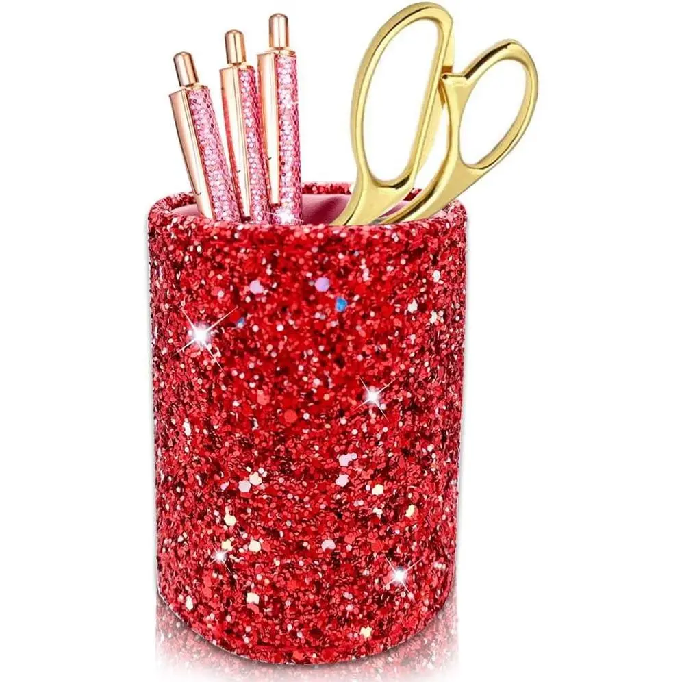 Red Glitter Pen Holder for Desk, Cute Bling Office Accessories for Women Girls, Luxury Makeup Brush Holder Organizer Cup for Classroom