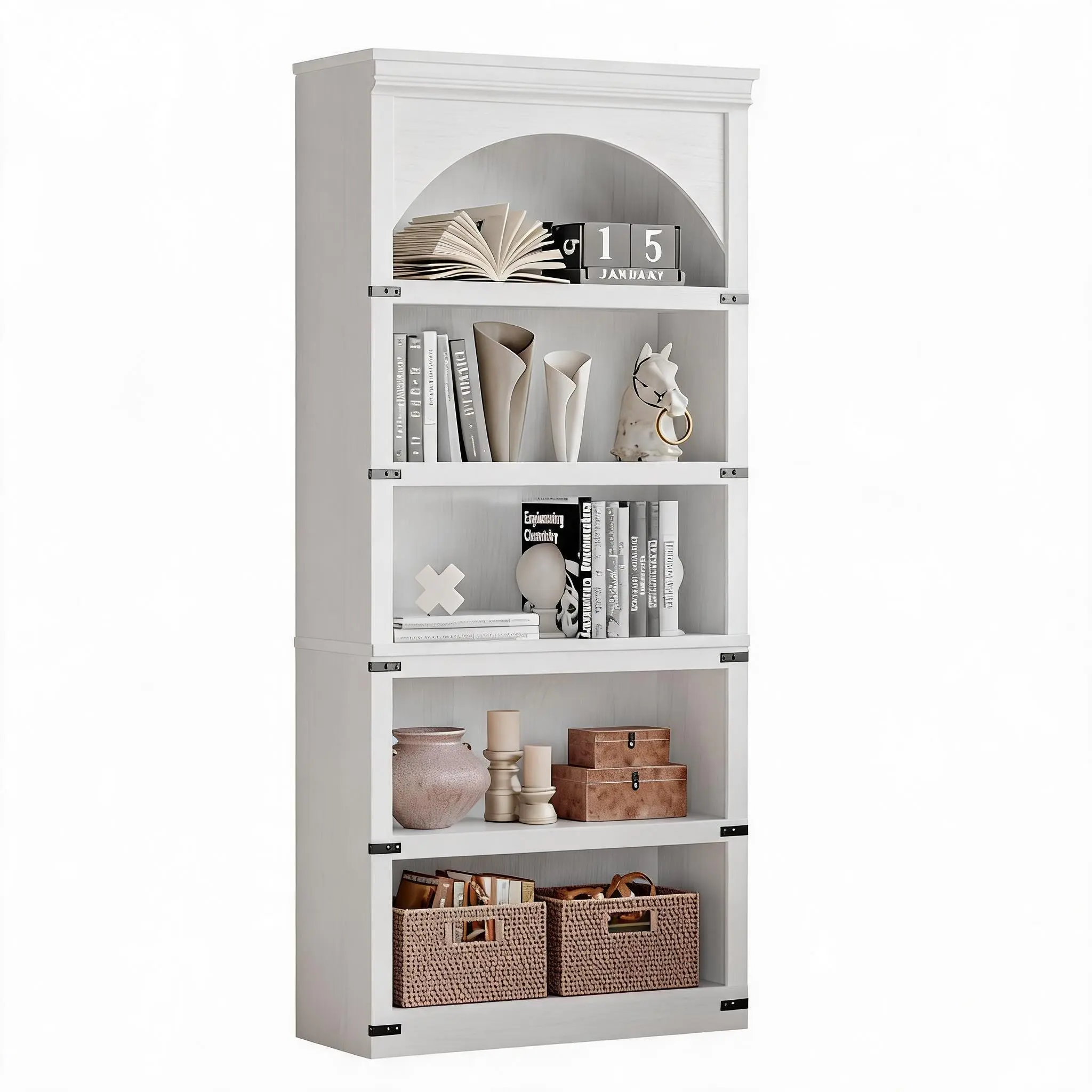 Farmhouse Arched Wooden Bookshelf, 5 Tier Rustic Vintage Bookcase with Wood Base for Living Room Office Library