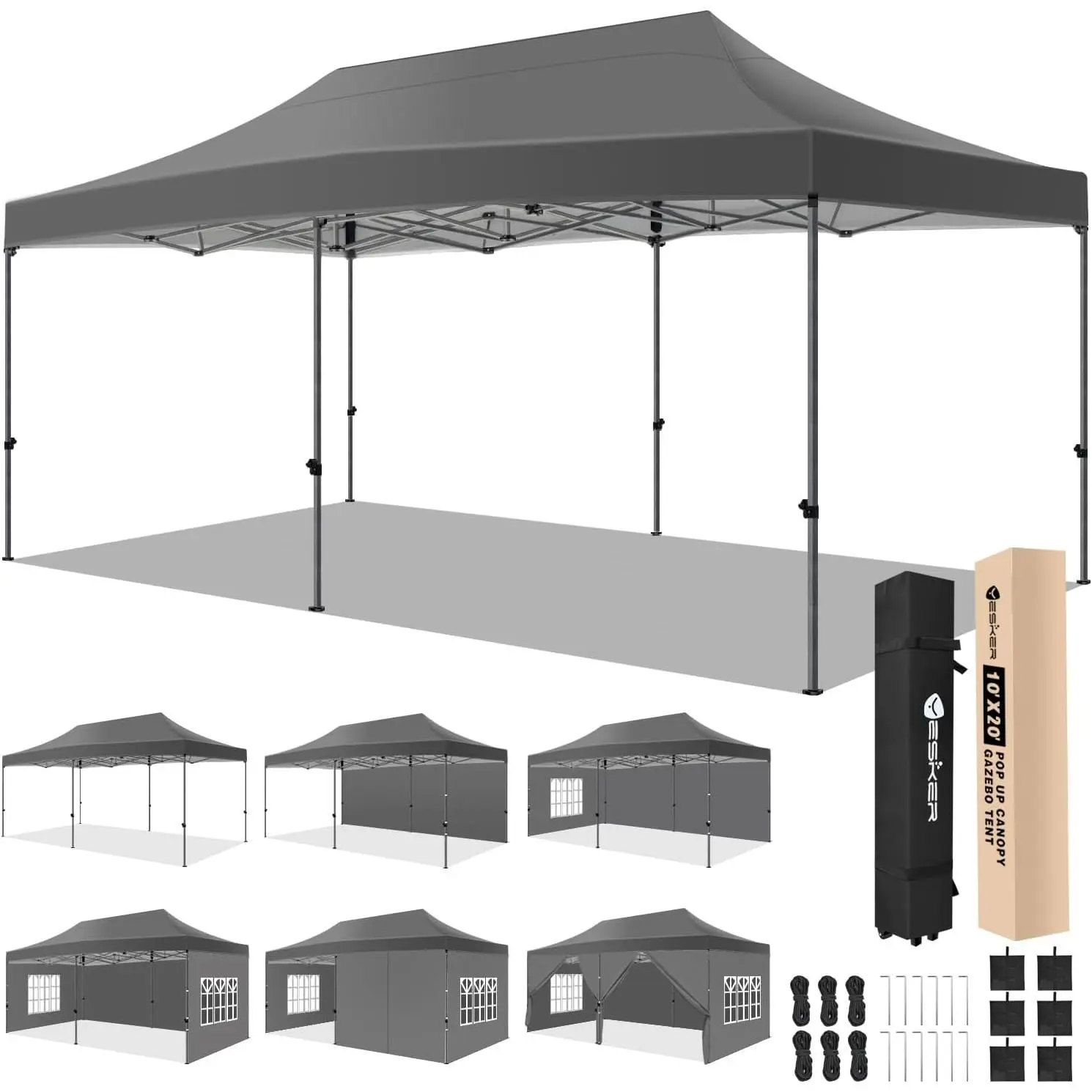 Nilight 10x20 Pop Up Canopy Tent with Sidewalls, Waterproof UV-Protection Steel Frame Patio Shelter, Tool-Free Setup Adjustable Height Heavy Duty Gazebo for Backyard Party Events, Gray with Ground Stakes, Rectangular