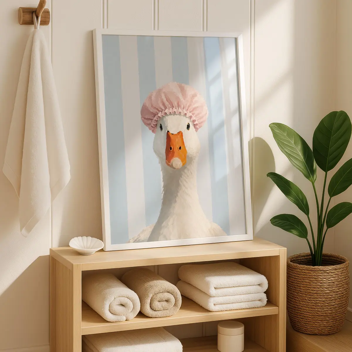 Duck Bathroom Wall Art Poster, Fun Geese Bath Cap Design, Framed or Unframed Canvas Print, Ideal Moving Gift, Home & Office Decor