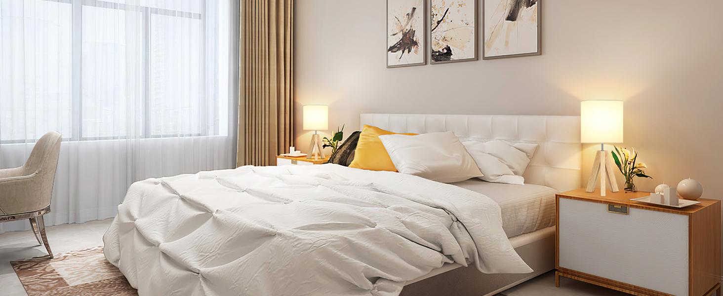 Small Beside Table Lamp Modern Mood Lighting Led Nightlight Wood Tripod Table Lamp with White Fabric Shade Cute Boho Nightstand Minimalist Desk Lamp for Bedroom Living Room Nursery Kids Room Office Dorm