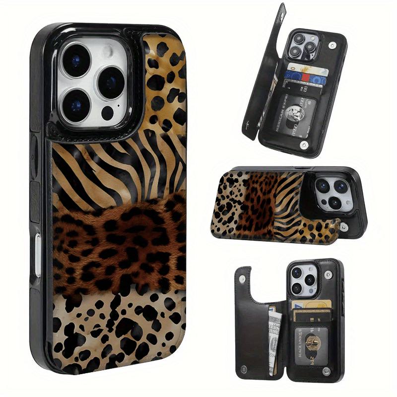 Creative Leopard Zebra Pattern Splicing Leather Card Holder Phone Case, Suitable for iPhone 17 Air/16 Plus/15 Pro Max/14 Pro/13/12/11/XS Max/X Phone Case, Ideal Gift for Thanksgiving and Christmas for Family, Friends, Lovers, Boyfriend, Girlfriend