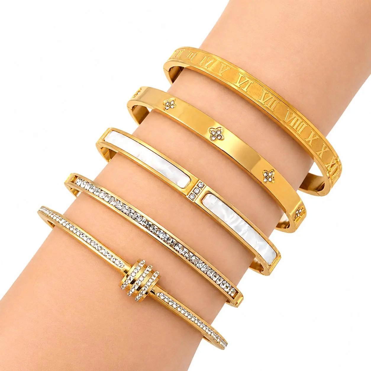 5PCS Waterproof Titanium Steel Bracelet Set for Women, Rhinestone Stackable Bracelets, Minimalist Gold Silver Wrist Jewelry, Elegant Fashion Bracelets for Everyday Wear, Gift for Women
