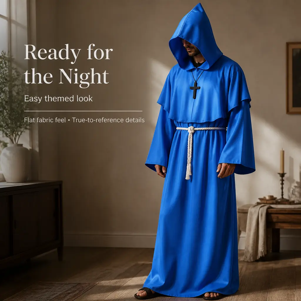 Men's Bright Blue Medieval Monk Hooded Robe Costume - Friar Long Robe with Rope Belt, Cross Necklace, Vintage Priest Tunic for Halloween, Renaissance Fair, Themed Cosplay Events