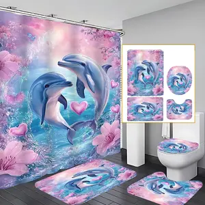 4 Pcs Pink Flower Heart Dolphin Bathroom Curtain Set with 12 Hooks, Waterproof Thickened Mildew-Proof Shower Curtain, Non-Slip Bath Rugs, Toilet Lid Cover and U Shape Mat, Romantic Ocean Floral Home Bathroom Decor