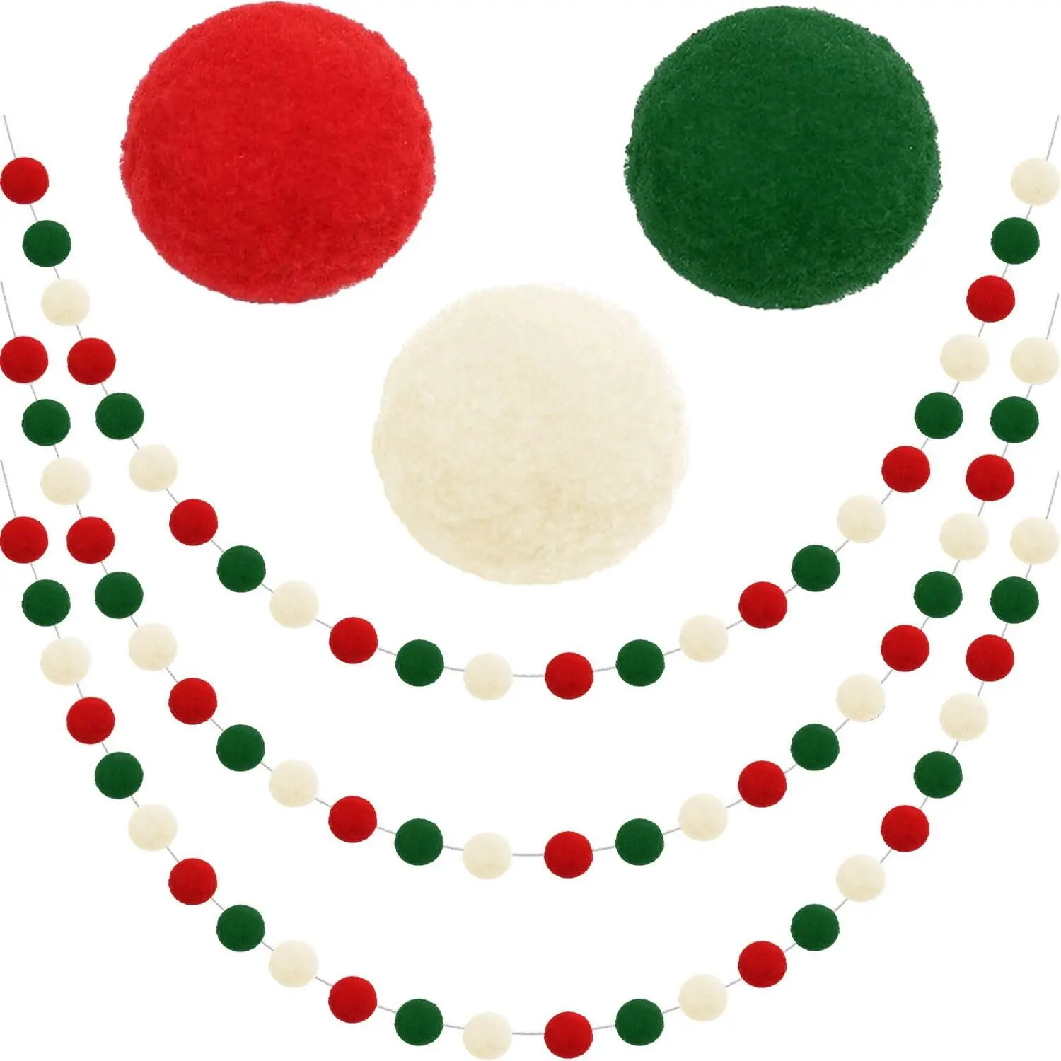 Christmas Pom Pom Garland Christmas Decorations for Tree Indoor  Room Decor 3pk Cute  Felt Ball Red White Green Pompom Bead Ornament String Banner Garland Xmas Birthday Party Supplies