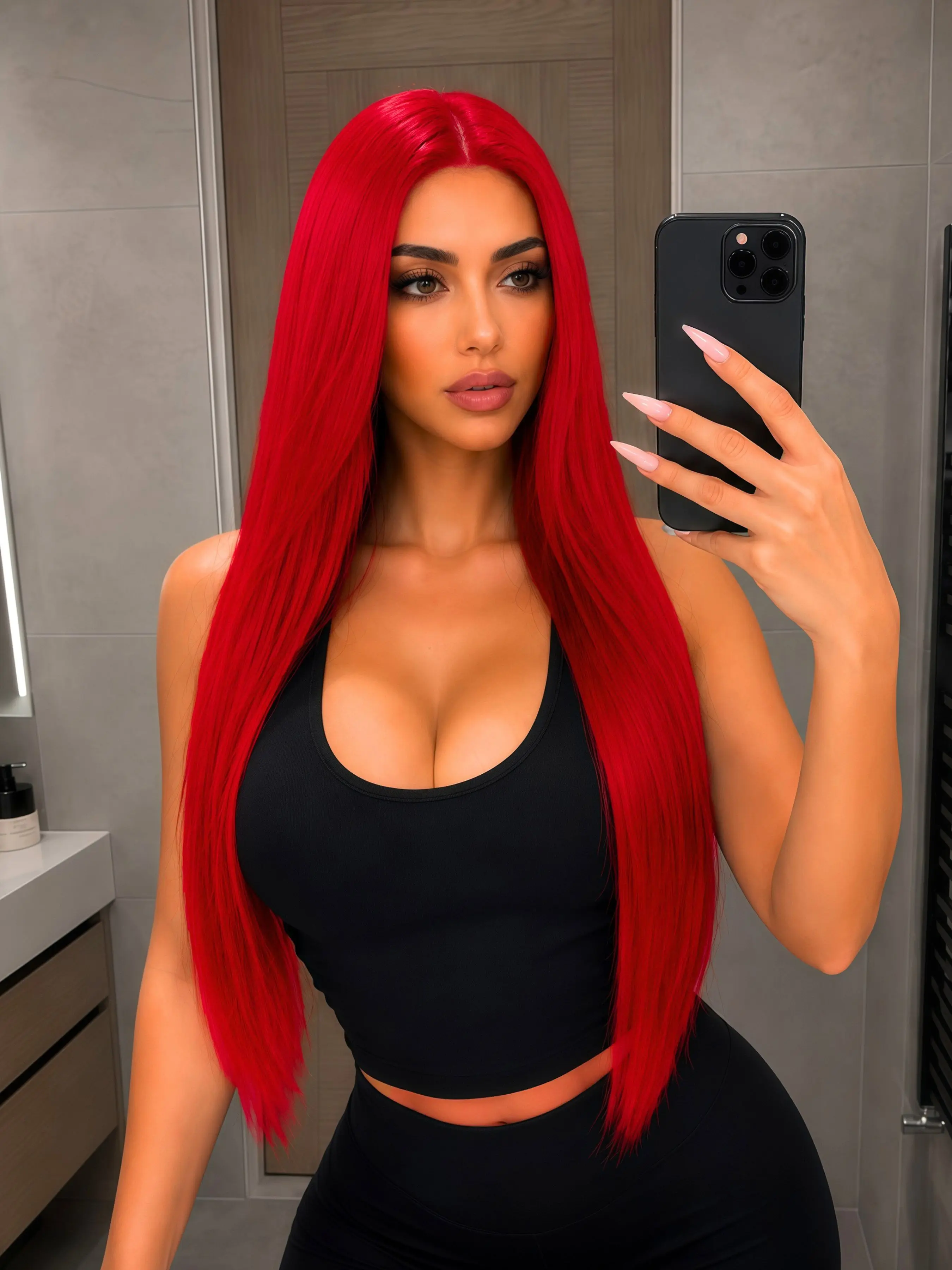 Bright Red Long Straight Synthetic Fiber Wig Party Wigs for Photoshoots, Parties, Cosplay & Stage Performances 24 Inch