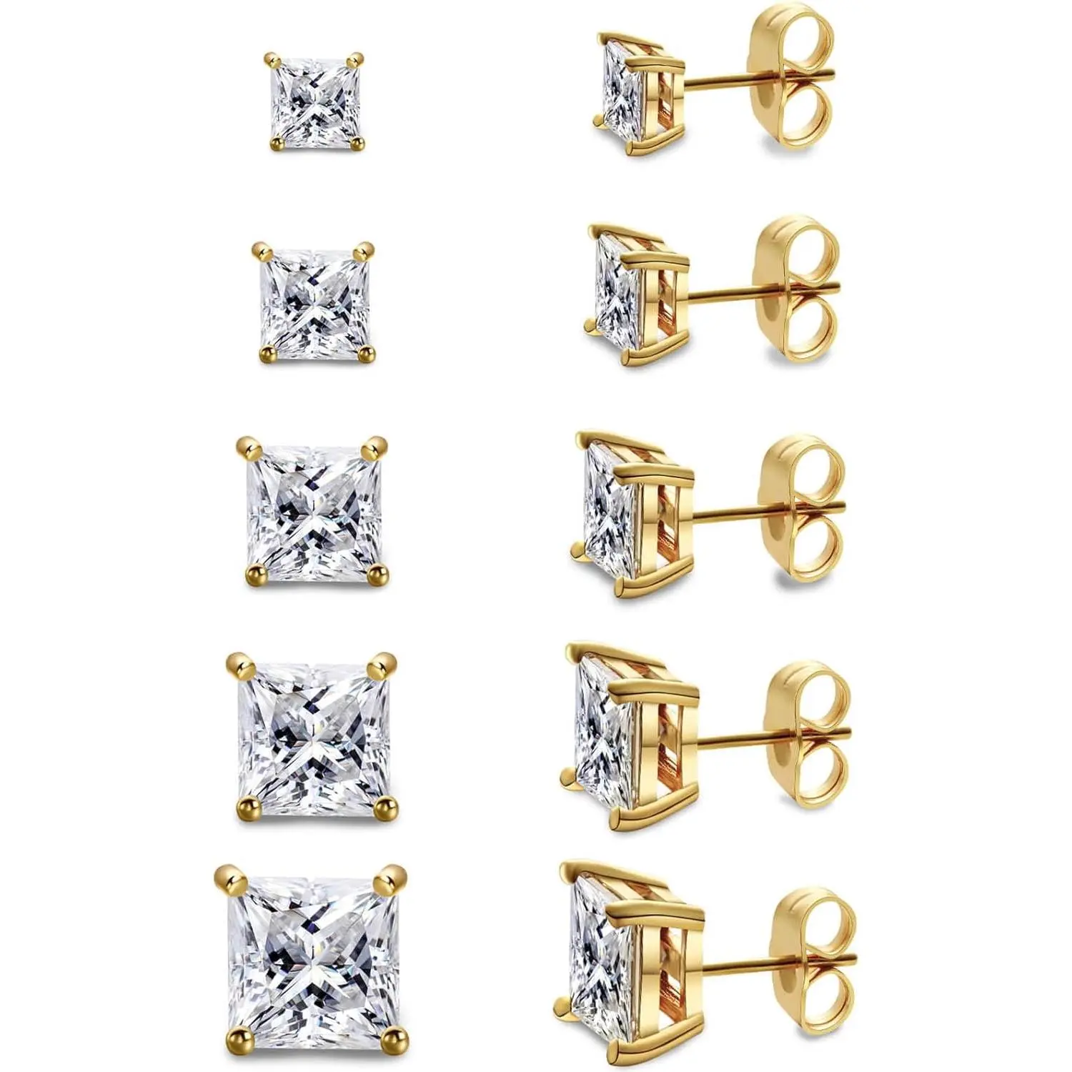 5 Pairs Princess Cut Cubic Zirconia Stud Earrings for Women/Men - 18K Gold Plated Hypoallergenic 3-7mm Square Clear CZ Earring Set
