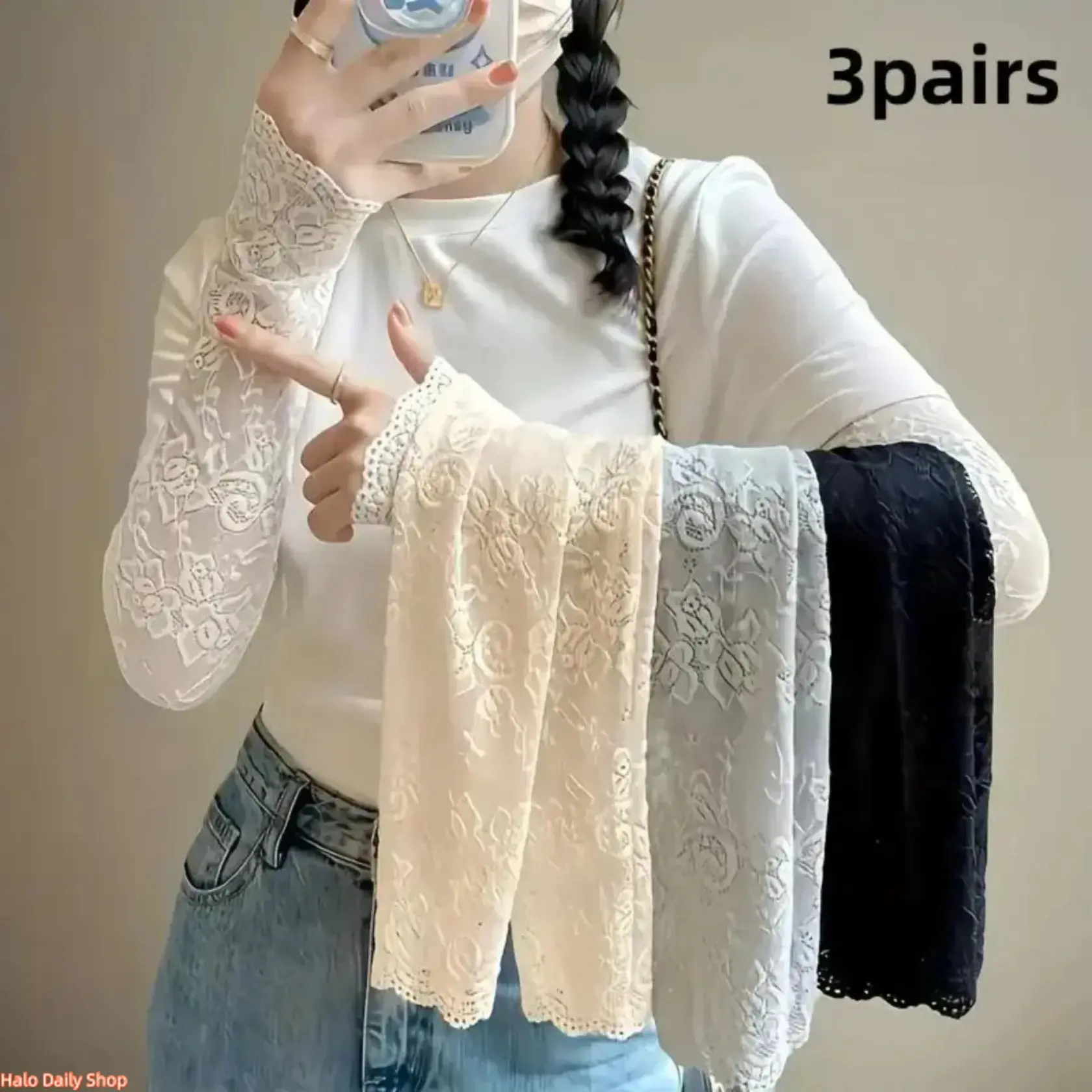 Women's 3-Pair Pack Elbow Length Fingerless Gloves, Decorative Lace with Embroidery, Breathable UV Sun Protection for Driving & Commute