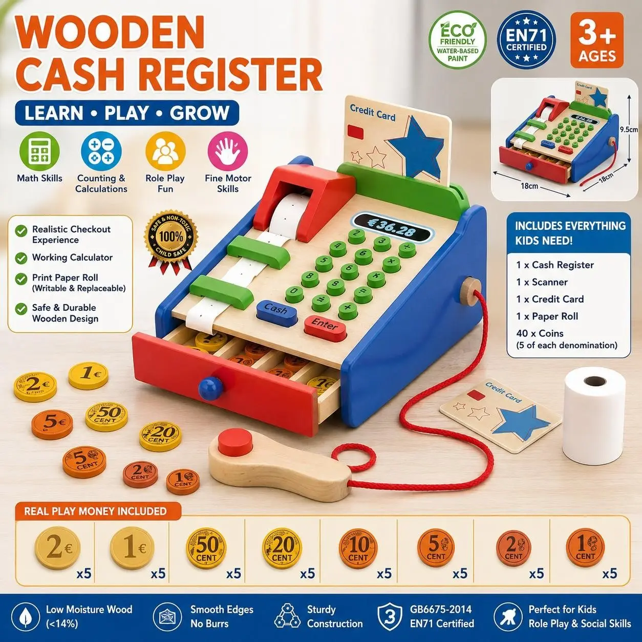 Realistic Kids Cash Register with Euro Coins & Printable Receipts, Eco-Friendly Wooden Play Money Set, Role Play & Social Skills Toy