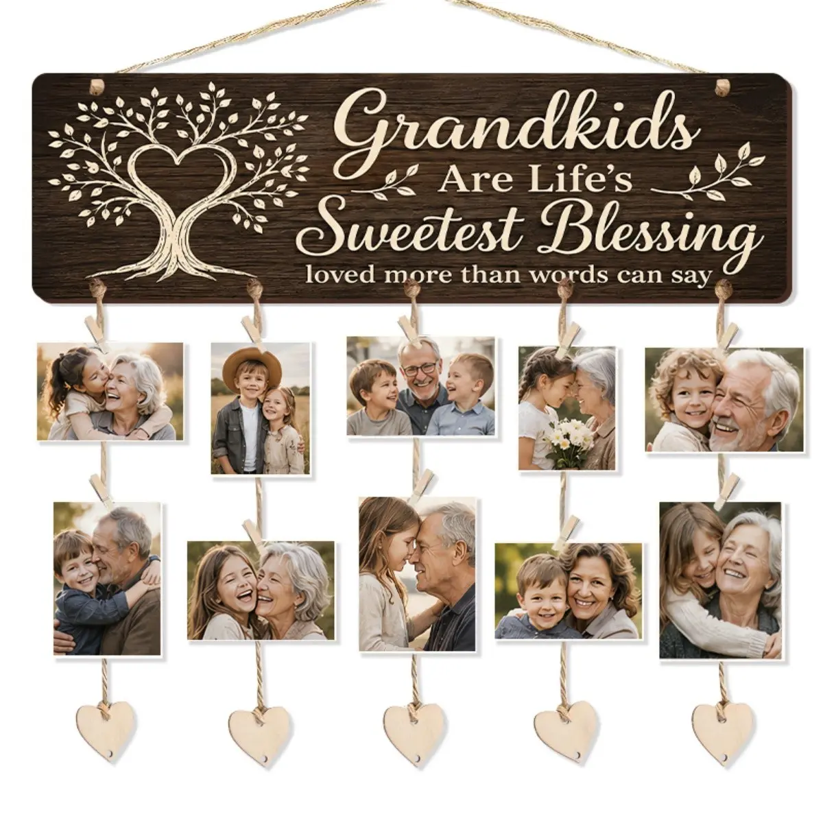 Rustic Wooden Grandkids Photo Holder Wall Sign, “Grandkids Are Life’s Sweetest Blessing” Photo Hanging Board with Wooden Clips & Blank Heart Tags, Farmhouse Home Decor, Birthday Gift for Grandmother Grandfather, Christmas