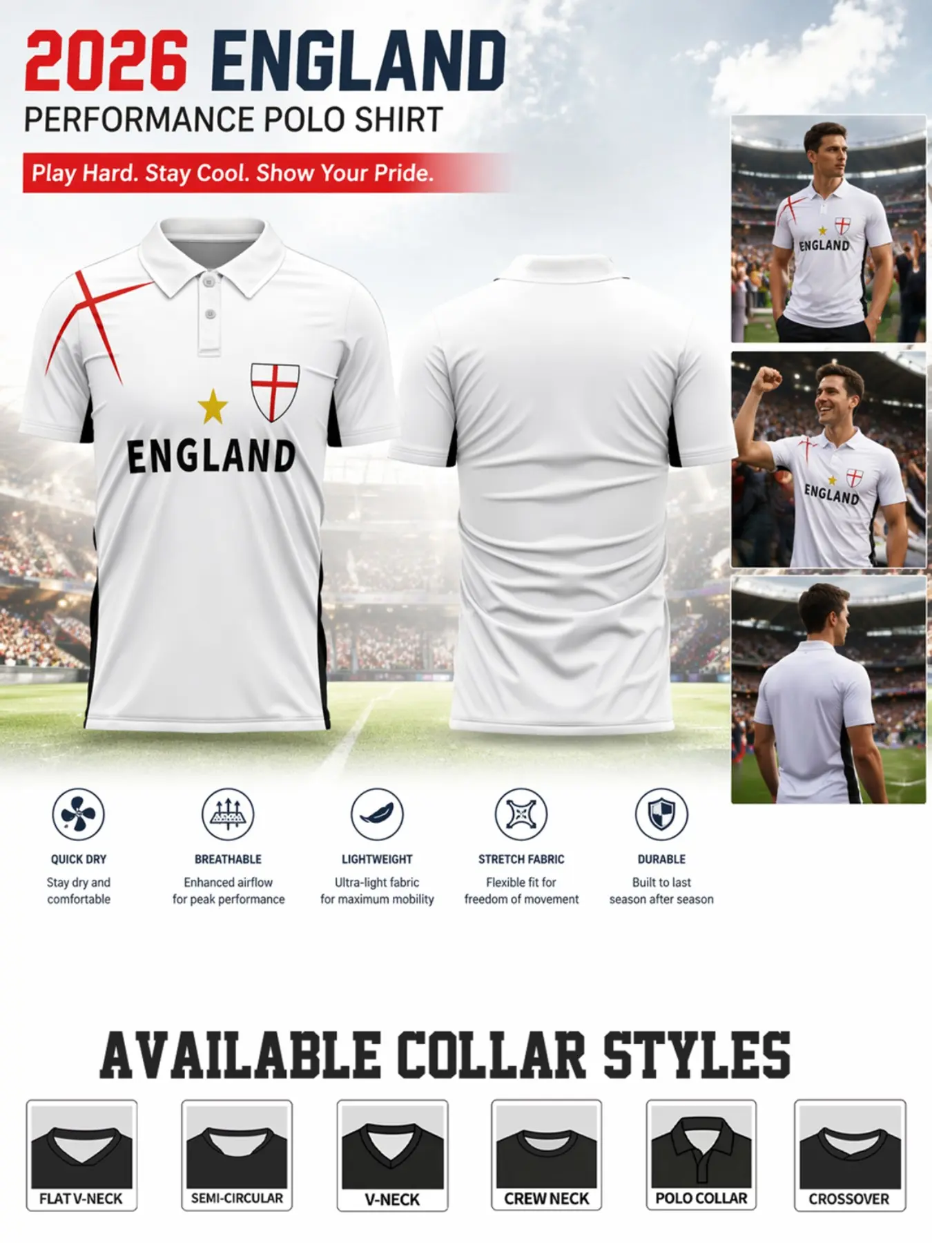 England Football Jersey Short Sleeve, Classic Logo Print, Quick-Dry Mesh, Body Side, Breathable, All Seasons