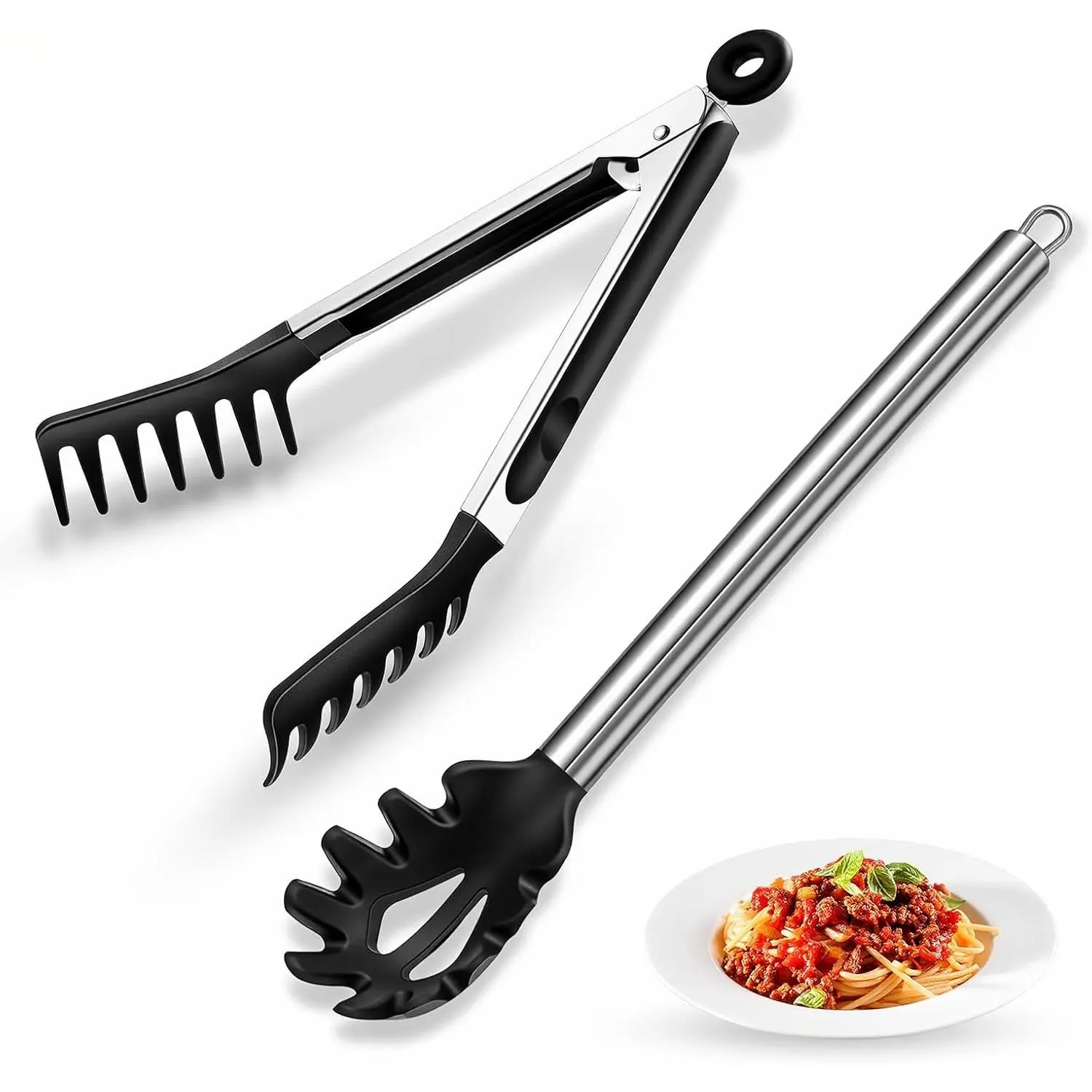 Sturdy 2-Piece Silicone+Steel Functional Cooking/Serving Utensils Set - Tong+Spoon, Hanging Hole Spaghetti Spoon, Grip Teeth Pasta Tong with Drain Holes, Non-Stick Head, Stainless Steel Handle, Heat Resistant Food-Grade, Hanging-Ready