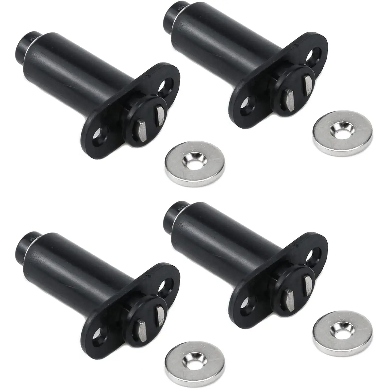4-Count Synthetic Plastic Shell Recessed Push-Open Spring Release Door Lock Mechanism Latches & Bolts for Cupboards, Drawers - Tight Close Design with Thickened Iron Grip Plate, Includes Screws