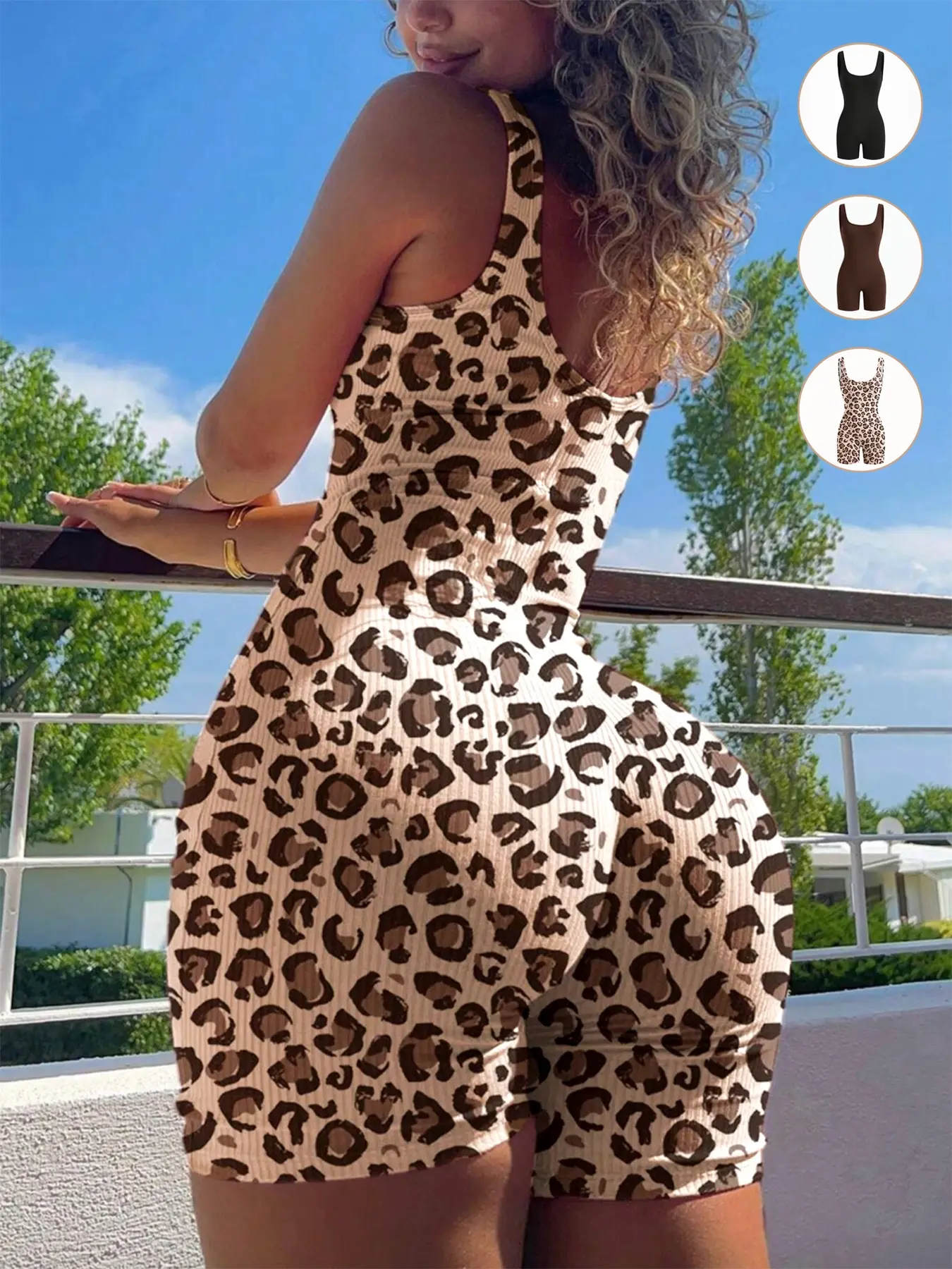 Women's Casual Sleeveless Leopard Print Stretch Bodycon Jumpsuit For Summer，Ribbed Knit Jumpsuit, Streetwear Sporty Casual Sexy Fitted Jumpsuit，Comfortable and Stylish One-Piece, Perfect for Everyday Wear