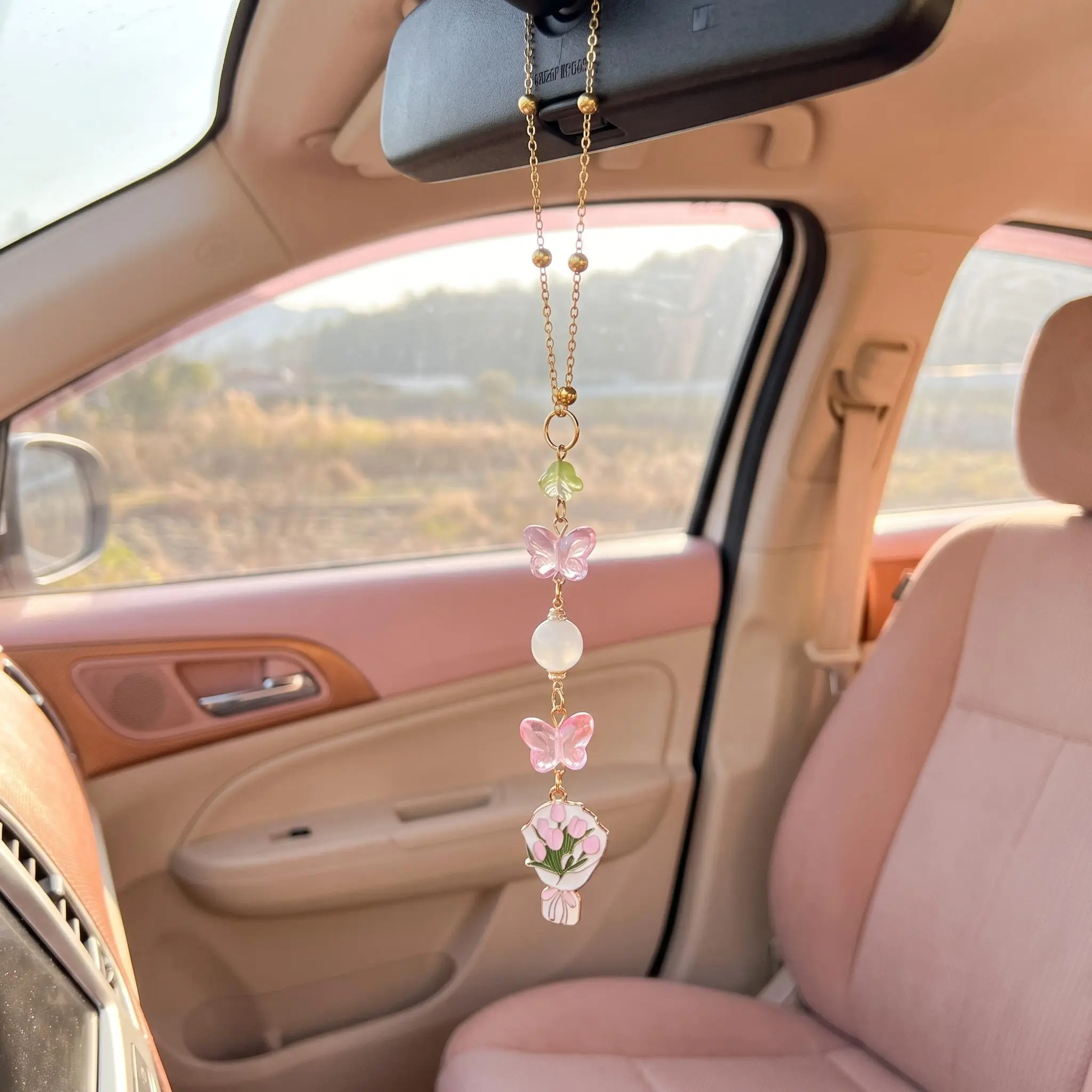 Cute Tulip Car Rearview Mirror Charm, Sparkling Butterfly Pendant, Car Decor, Bag Charm, Home Decoration, Perfect Gift