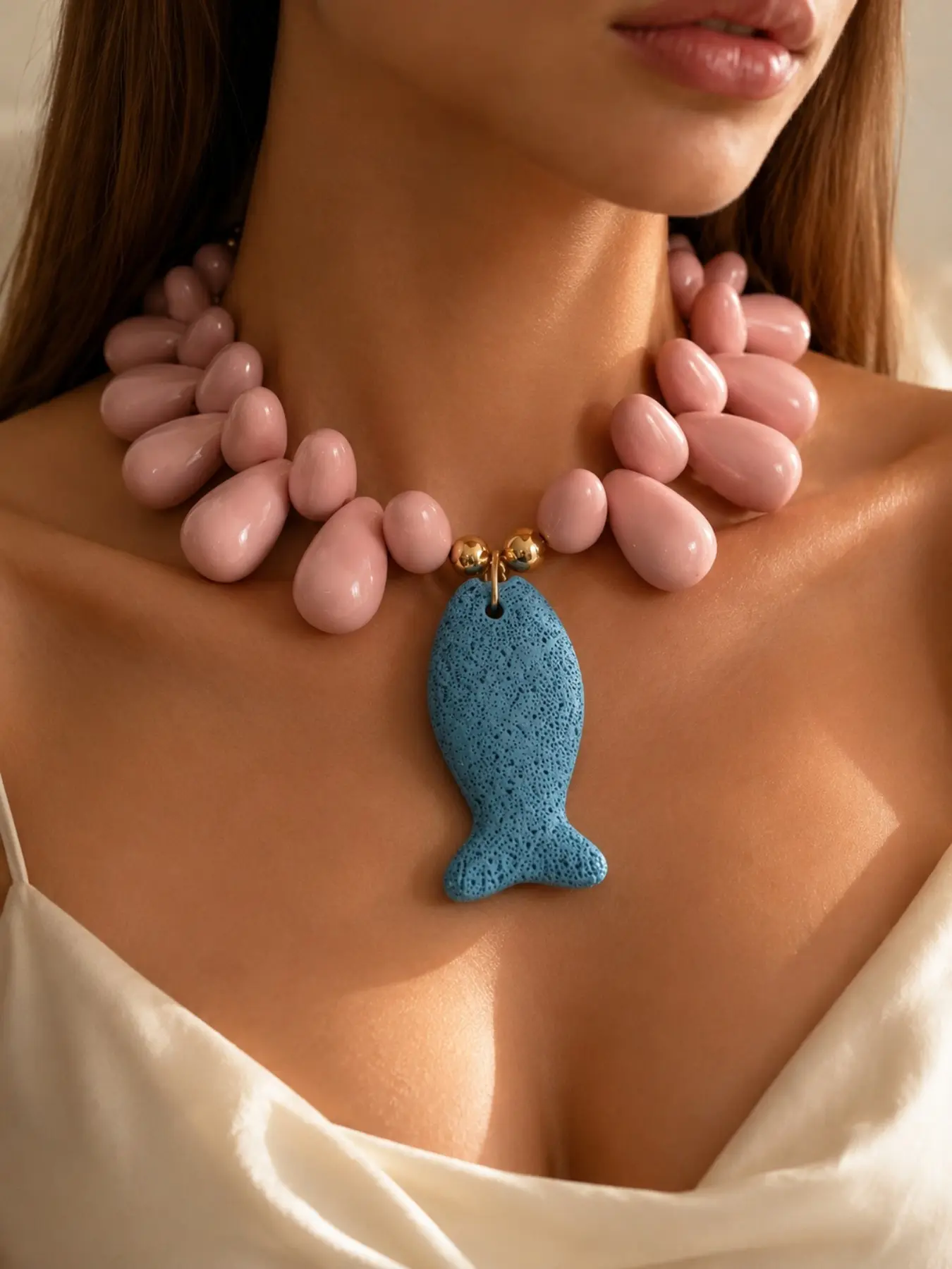 1PC Pink Chunky Beaded Fish Pendant Necklace for Women, Blue Lava Stone Ocean Charm, Adjustable Mermaidcore Beach Statement Jewelry, Summer Vacation and Back to School Gift