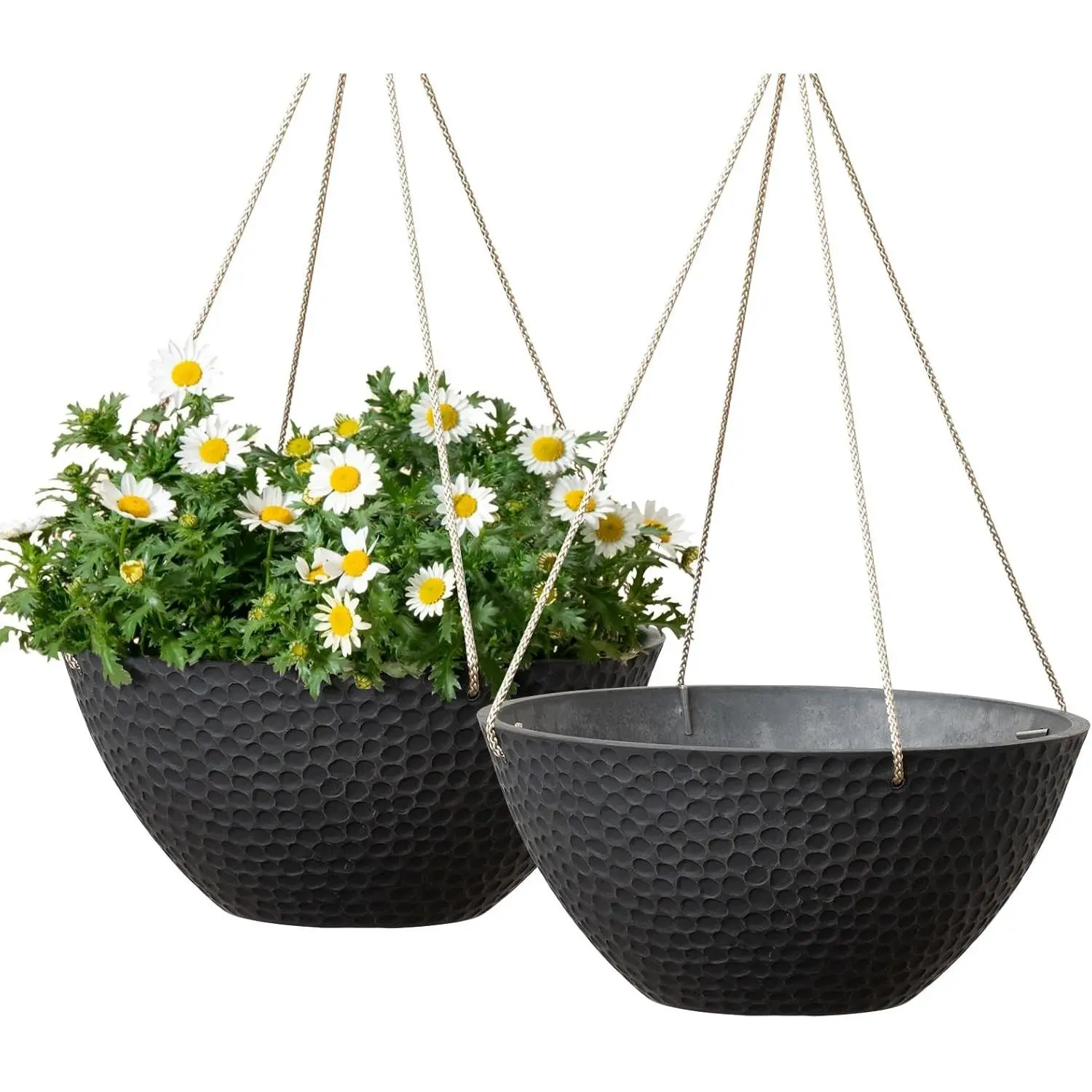 Hanging Planters for Outdoor Plants, Large Hanging Planter with Drain Holes, Outdoor Hanging Flower Pots, Matte Black, Honeycomb (13.2 Inch, Set of 2)