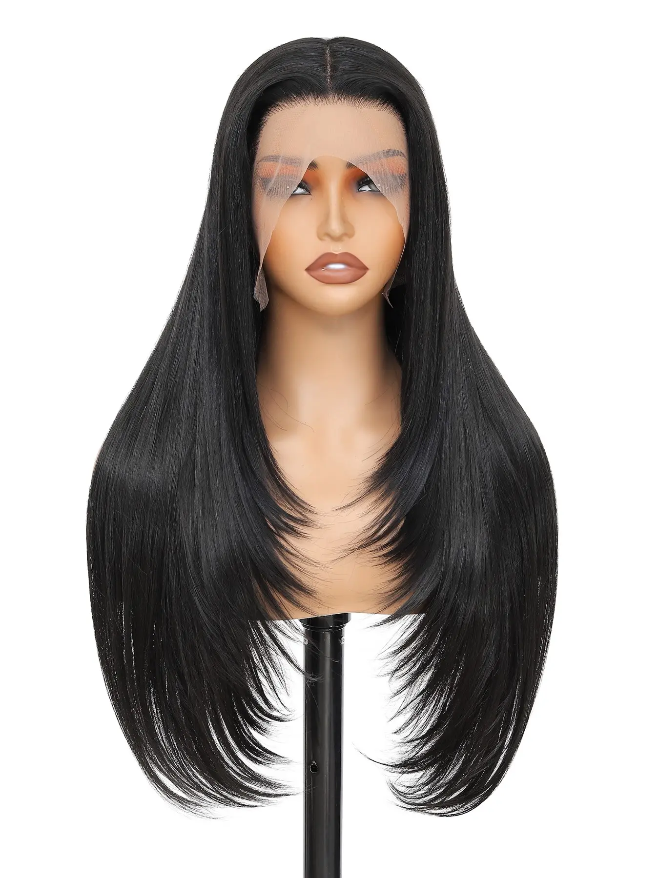 Straight Hair Layered Design 13x4 Lace Front Wig Natural Layer Cut Synthetic Hair Pre Plucked 26Inch Natural Black Wigs for Women Dairly Hairstyle