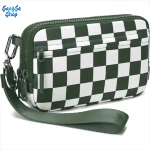 Women’s Minimalist Nylon Quilted Wristlet Wallet - 4-Zipper Travel Organizer with Adjustable Checkered Strap for Cards & Phone