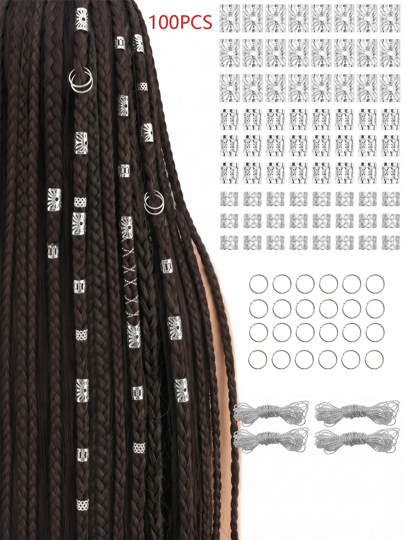 100 Pcs Gold/Silver Dreadlock Hair Jewelry Set, Stainless Steel Braids Hair Cuffs, Hair Rings and Pendants, Multi-Style Metal Loc Hair Accessories with Storage Box for Women and Men