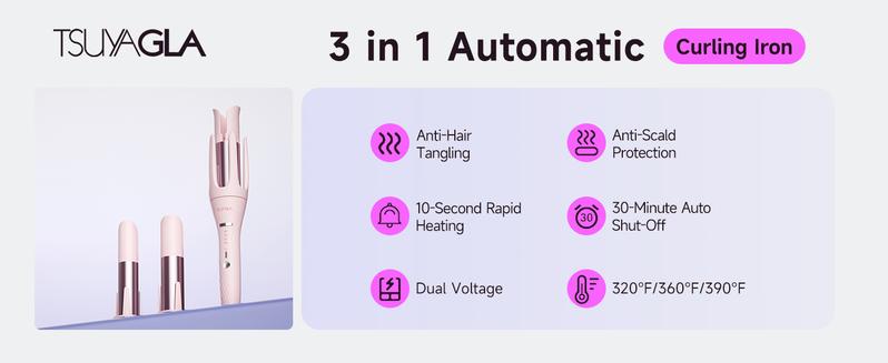 3 in 1 Automatic Curling Iron with 3 Curling Barrels 1" - 1.25" - 1.5" Rotating Iron 3 Temp Settings 10S Fast Heating Anti-Scald Dual Voltage Pink Hair Styling Tool Handle Gift