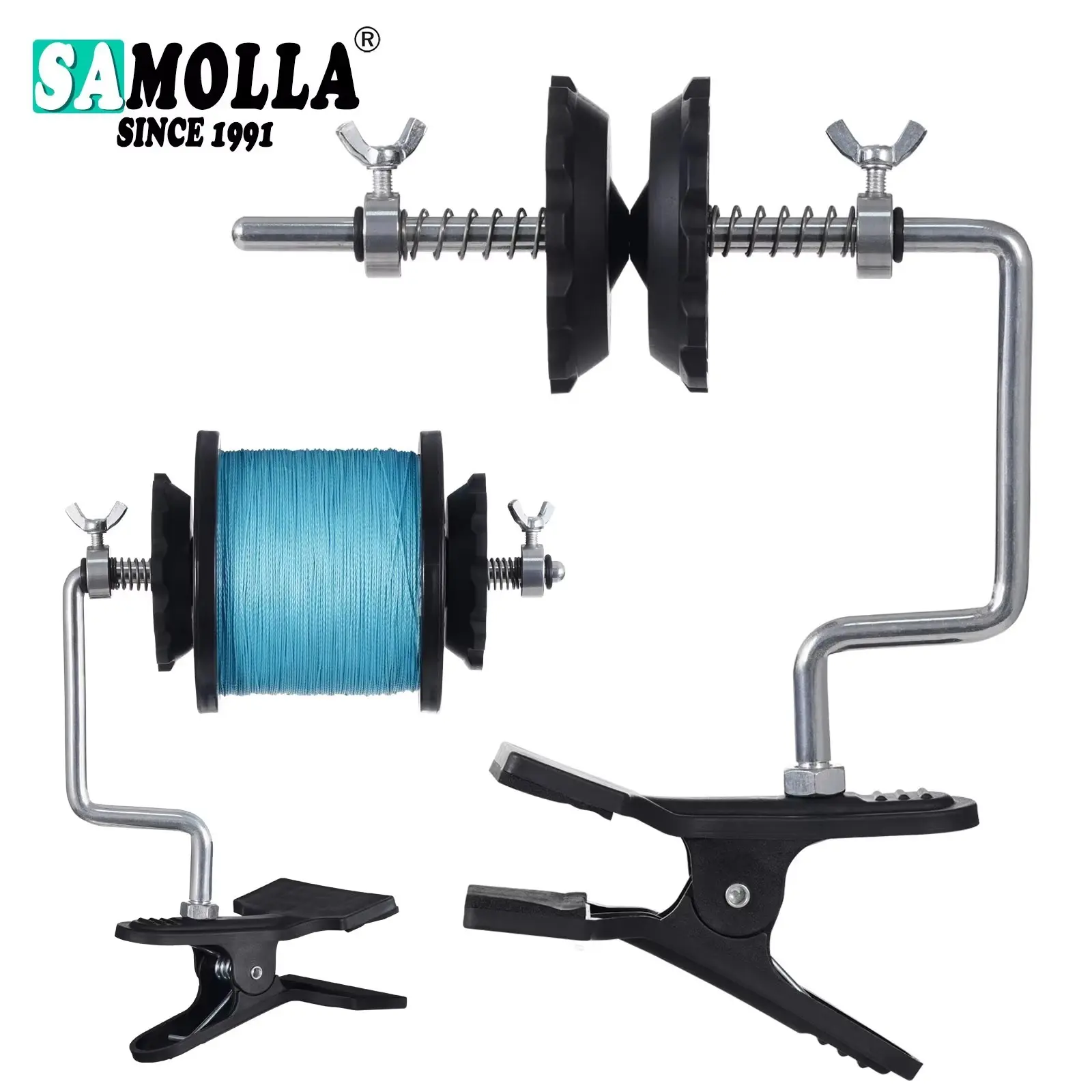 Portable fishing line spooler, suitable for spinning and baitcasting reels. Its adjustable design fits various spool sizes, making it an ideal tool for anglers.