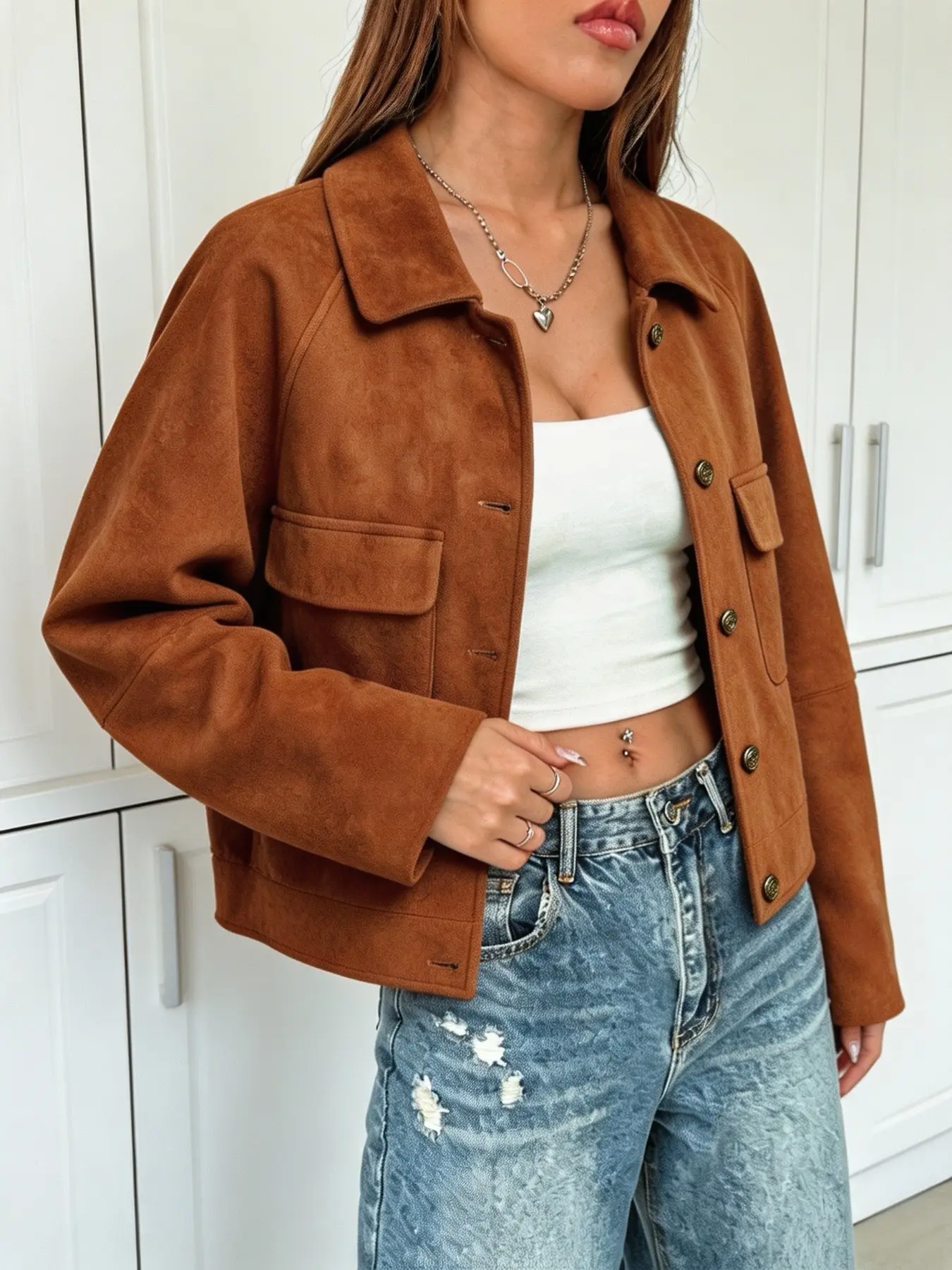 Women's Fall Winter Solid Color Vintage Suede Long Sleeve Jacket, Loose Fit Notched Lapel, Metal Button Front, Pocket Design, Casual & Commute Friendly