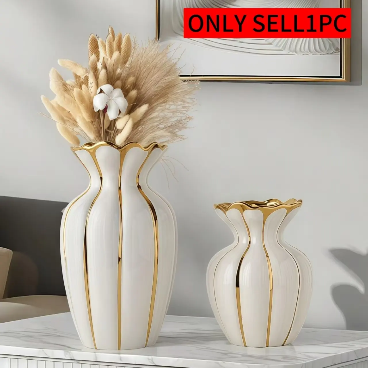 Luxury Gold-Plated Ceramic Flower Vase, Elegant European Court Style, Durable High-Temperature Ceramic, Ideal for Fresh & Dry Flowers