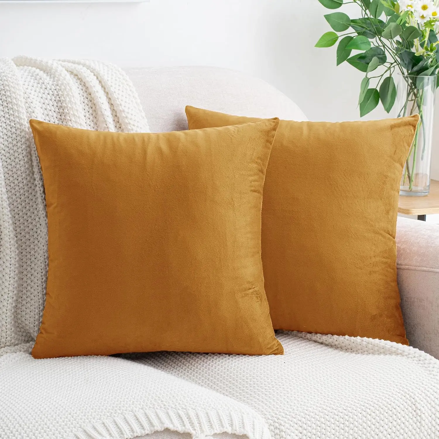 Orange Velvet Fabric Throw Pillow Covers, 20x20 in, Pack of 2, Soft Texture Modern Luxury Cushion Covers for Fall Couch Sofa Bed Living Room