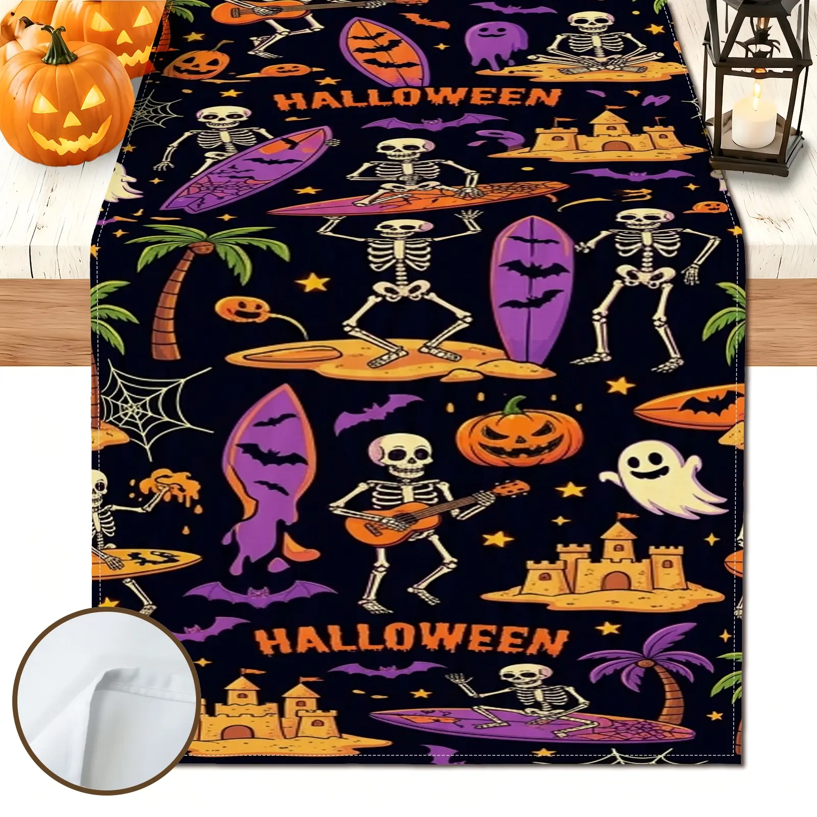1pc Skeleton Ghost Pumpkin Table Runner, Halloween Style, Colorful Graphic Print, Surfboard, for Dining Table Halloween Party Home Decor Seasonal Table Decor