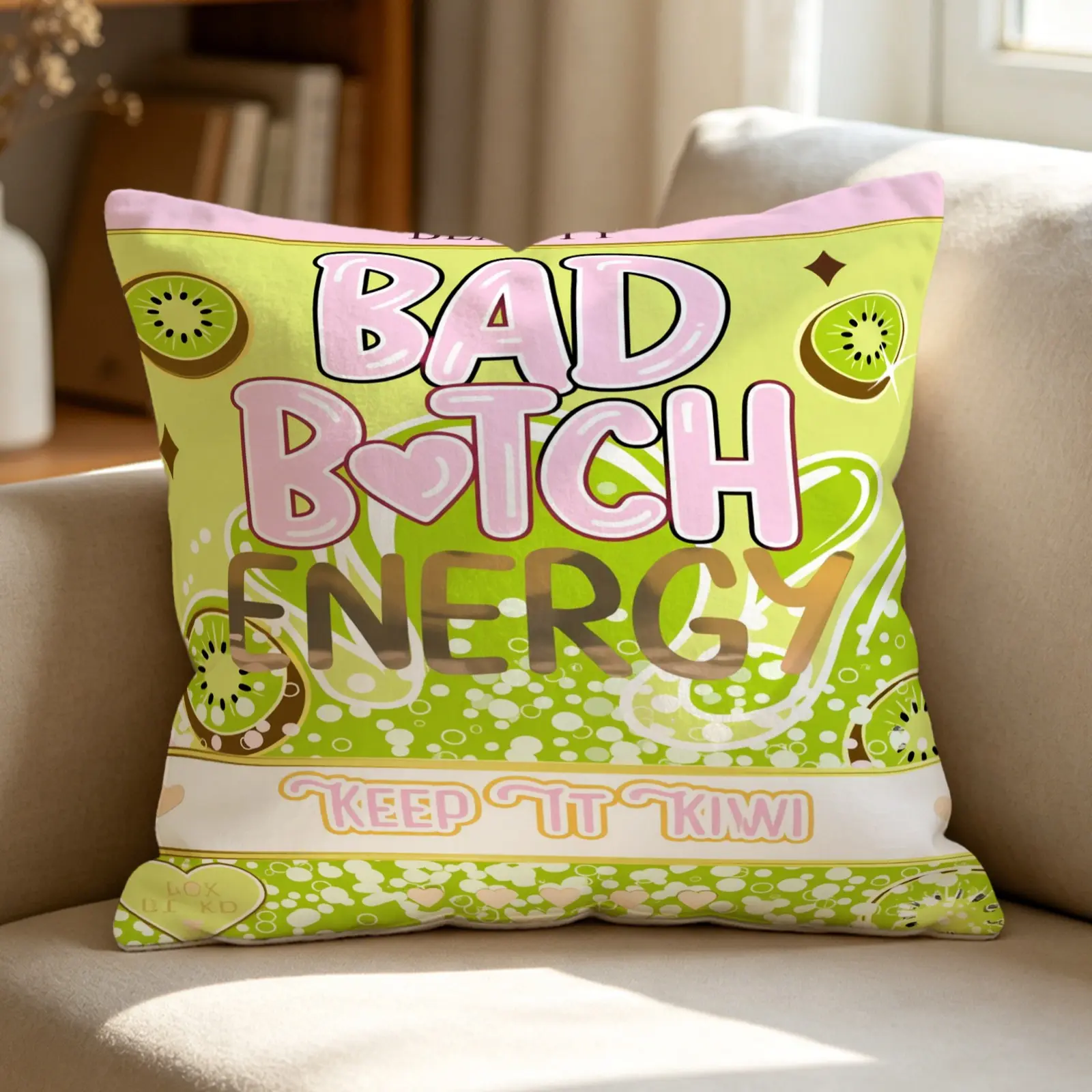 "Bad Bitch Energy" Pink Marshmallow Print Pillow—a soft, plush Decorative Cushion perfect for decorating your sofa, bed, bedroom, or dorm room. The ideal gift for your cool and confident best friend.