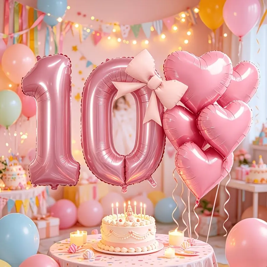 8Pcs Pink Number Balloons 10-20, Heart & Bow Foil Balloon Set, Party Decorations, Balloon Party Supplies for Birthday, Baptism, Baby Shower, Anniversary, Valentine’s Day, Wedding & Mother’s Day