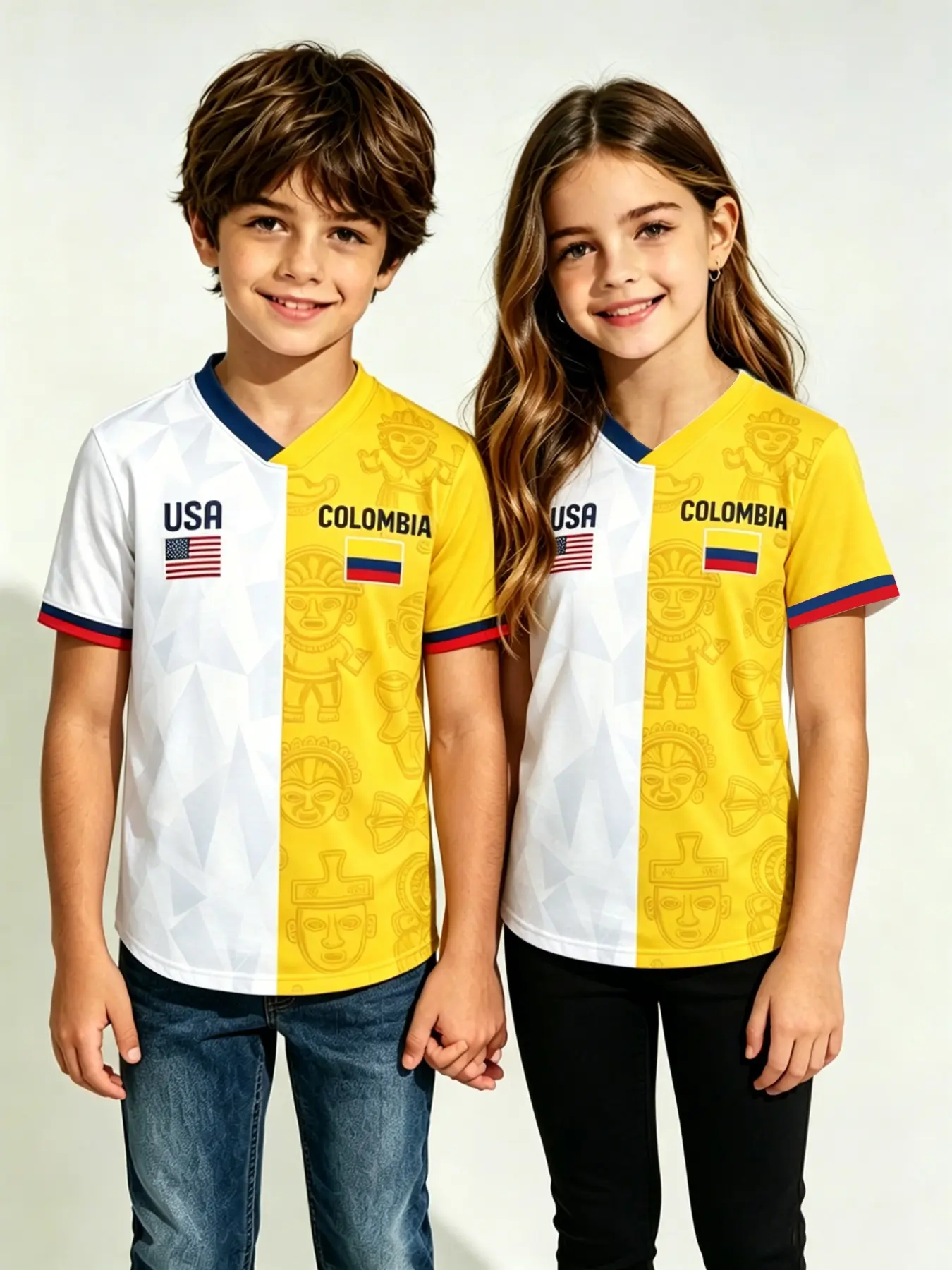 Usa Columbia Half-Panel V Neck Kids Soccer Jersey, Indigenous Totem Dual Flag Print, Unisex Fitted Short Sleeve Top