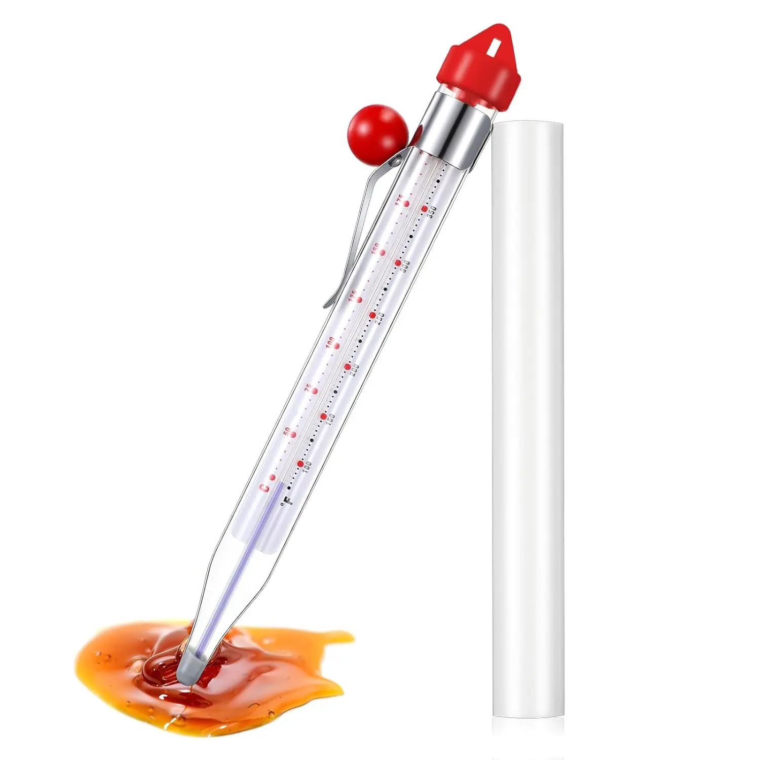 8in Tempered Glass Candy Thermometer with Pot Clip, Instant Read Cooking Tool with Celsius-Fahrenheit & Protective Covers, Sturdy Handy Plastic (Red, 1 Pcs) [Bra Accessories]