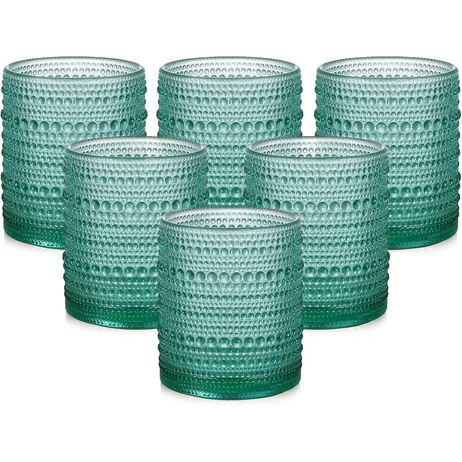 Drinking Glasses Set of 6,12oz Lake Blue Hobnail Glass Cups |   Vintage Glassware,Embossed Water Tumbler,for Beer,Cocktail,Whiskey,Juice and Various Mixed Drinks- 1 Cleaning Brush
