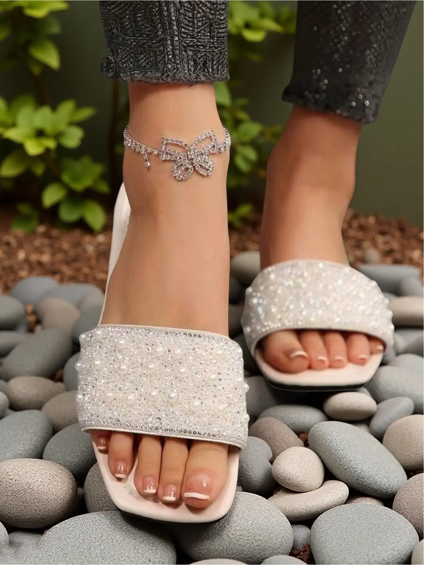 Wedding Guest & Beach Vacation Pearl Slides - White Sparkly Flat Sandals Women Footwear Fashionable Glitter Sandals