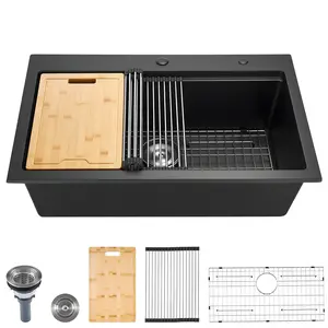 VEVOR 33 inch Kitchen Sink Workstation, Top Mount Granite Sinks, Drop-In Single Bowl Farmhouse Basin with Multiple Accessories, Household Dishwasher Sink for RV, Prep Kitchen, and Bar (Black)