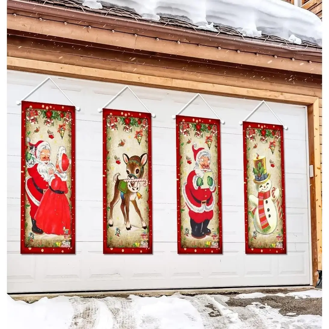 4-Piece Vintage Santa Claus Stretching Portraits Large Set - Vinyl Christmas Backdrop Poster, Indoor-Outdoor New Year Decor for Front Garage Door, Outdoor/Indoor, Santa Portrait