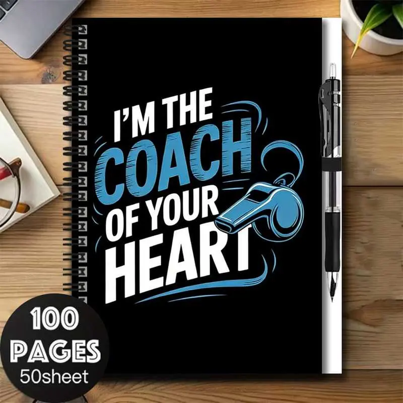 A stylish 2D cover spiral notebook set with the theme "I am the coach in your heart" and a pen, a great aid for work and study, suitable as a graduation gift or birthday present, ideal for journaling, daily planning, or as a notepad. Unique design, practi