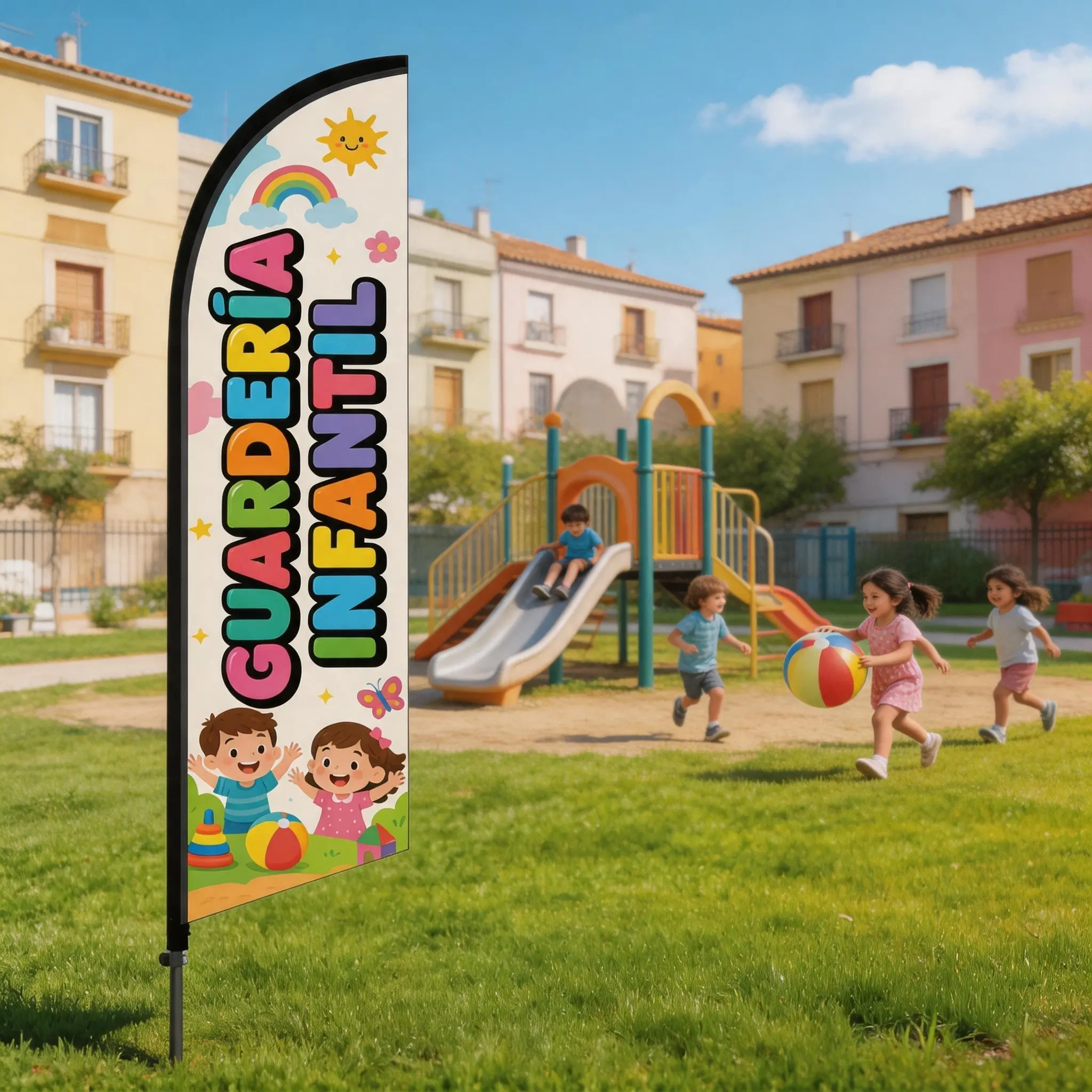 8.5 Ft Feather Flag for Daycare, Polyester Waterproof Sunscreen Banner, Wind-Resistant Single-Sided Print, Outdoor Promotion Tool