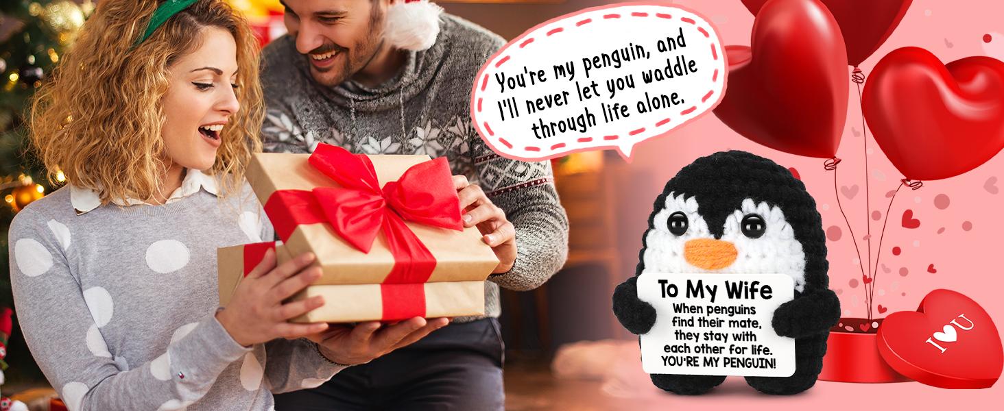 Gifts for Her Wife from Husband Birthday Christmas, to My Wife Handmade Crochet Emotional Mini Funny Penguin, Romantic Wedding Anniversary Valentines Gifts for Women Her, Small Cute Love Sign Decor