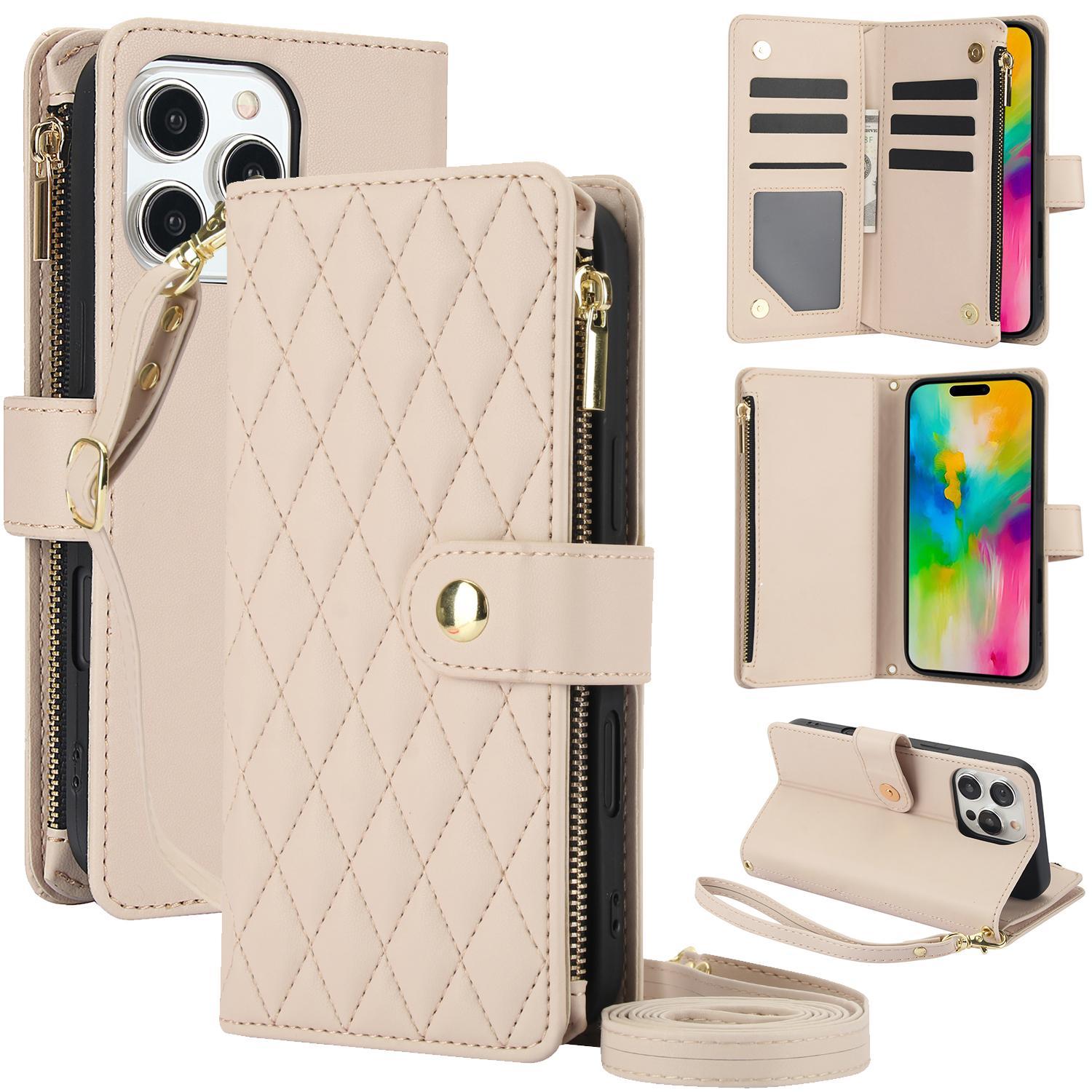 Quilted Pattern Phone Case with Card Holder, Adjustable Crossbody Zipper Purse Case with Kickstand and Detachable Wrist Strap, Flip Folio Case for iPhone 17 Air/16e/16/15/14/13/12/11 Pro Max