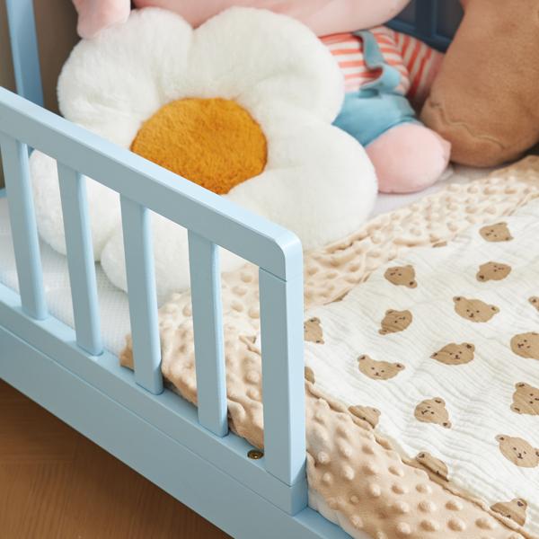 Toddler Bed with Safety Rails, Solid Wood Kids Bed Frame, Low Profile Montessori Floor Bed for Boys and Girls, 135*75*62.5cm