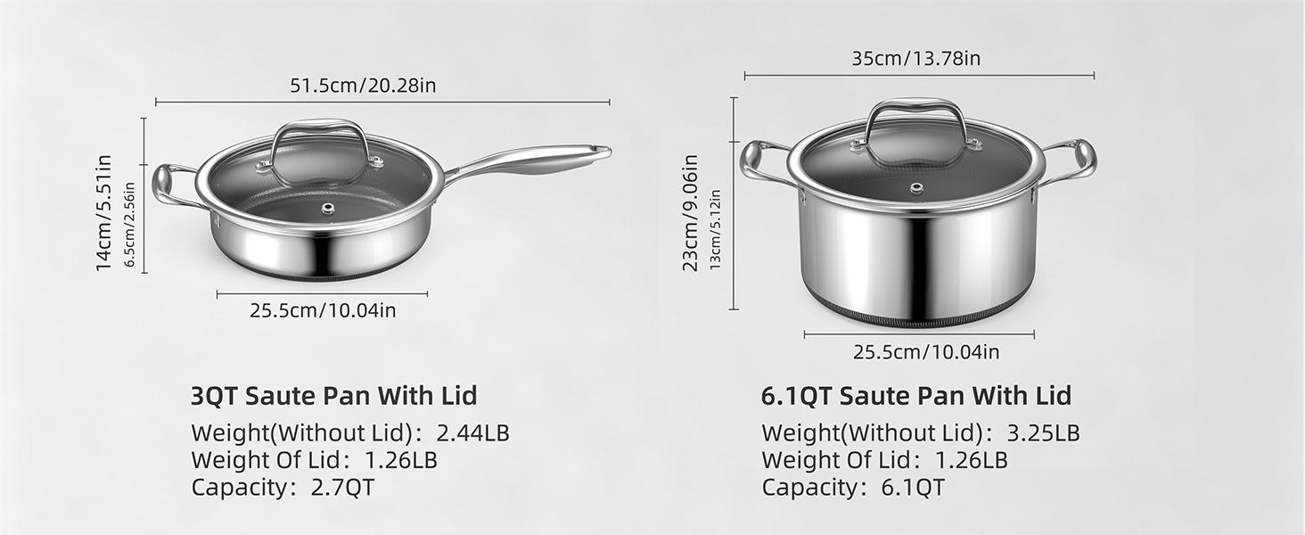14-Piece Hybrid Stainless Steel Cookware Set, Non-Stick Pots and Pans Set with 3 Silicone Trivets| Induction Compatible Frying Pans, Saucepans, Saute Pan & Stock Pot| Oven Dishwasher Safe