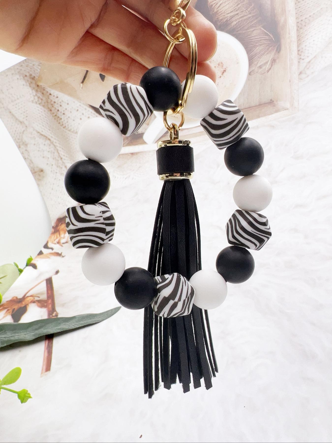 Western Style Pattern Beaded Tassel Decorated Keychain, Boho Style Keychain for Women & Men Bags, Keys Pendants, Trendy Keychain for Birthday Gift, Cute Keychain